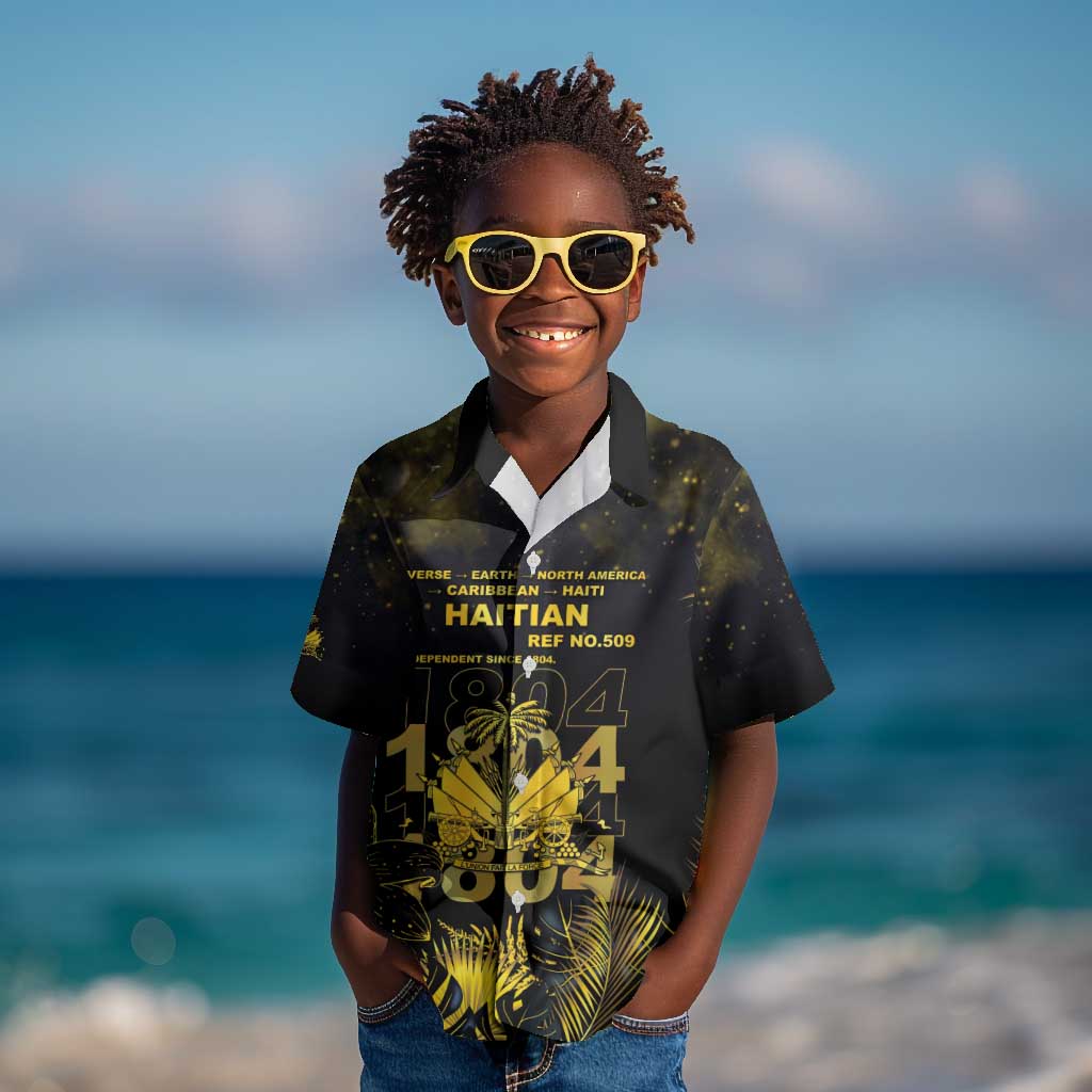 Haiti 1804 Kid Hawaiian Shirt Gold Tropical Leaves And Coat Of Arms - African Pride