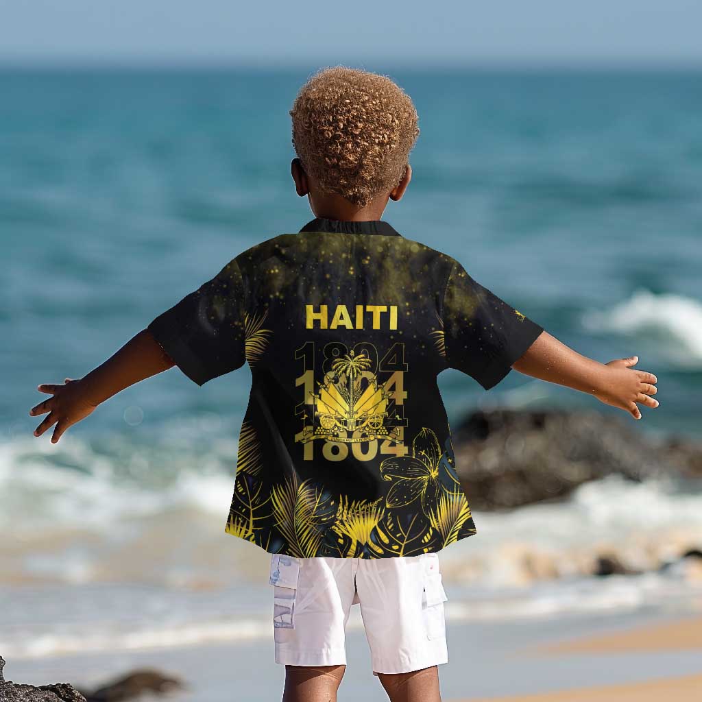 Haiti 1804 Kid Hawaiian Shirt Gold Tropical Leaves And Coat Of Arms - African Pride