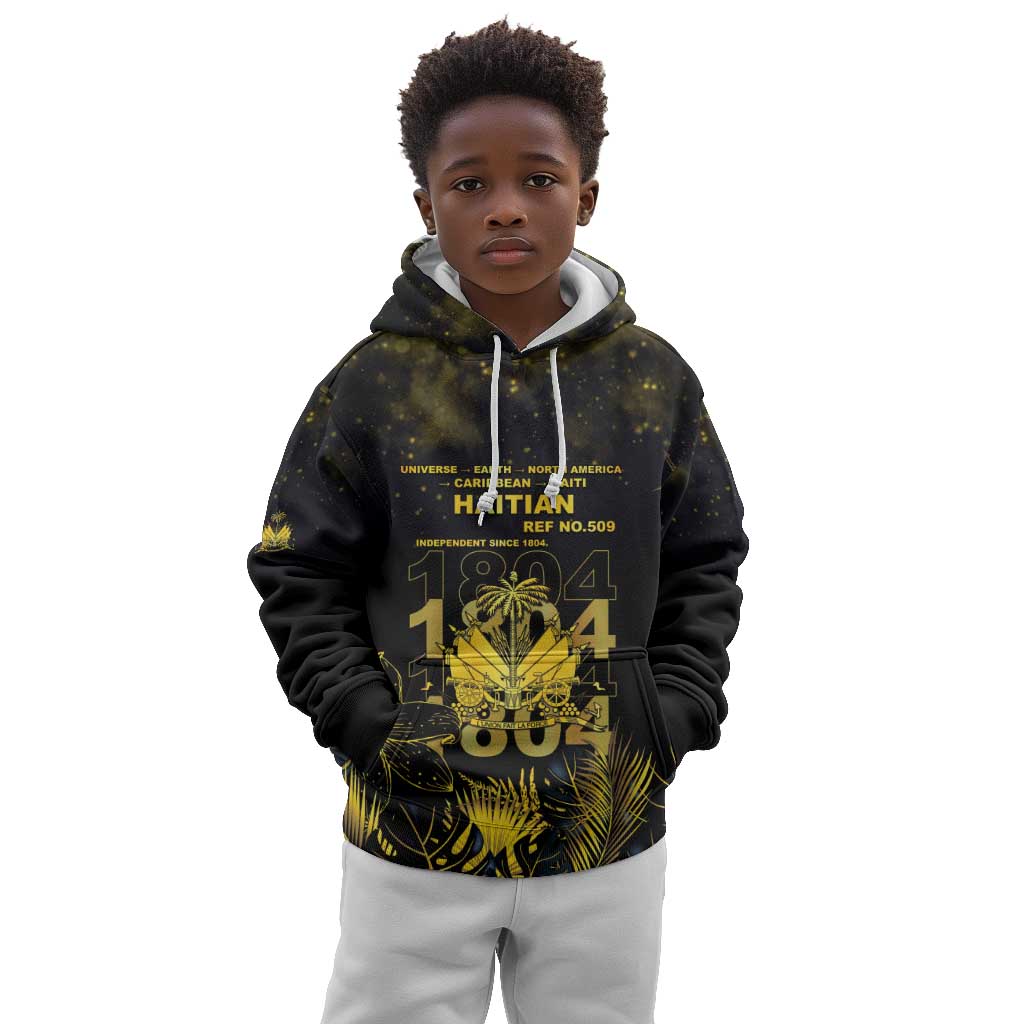 Haiti 1804 Kid Hoodie Gold Tropical Leaves And Coat Of Arms - African Pride