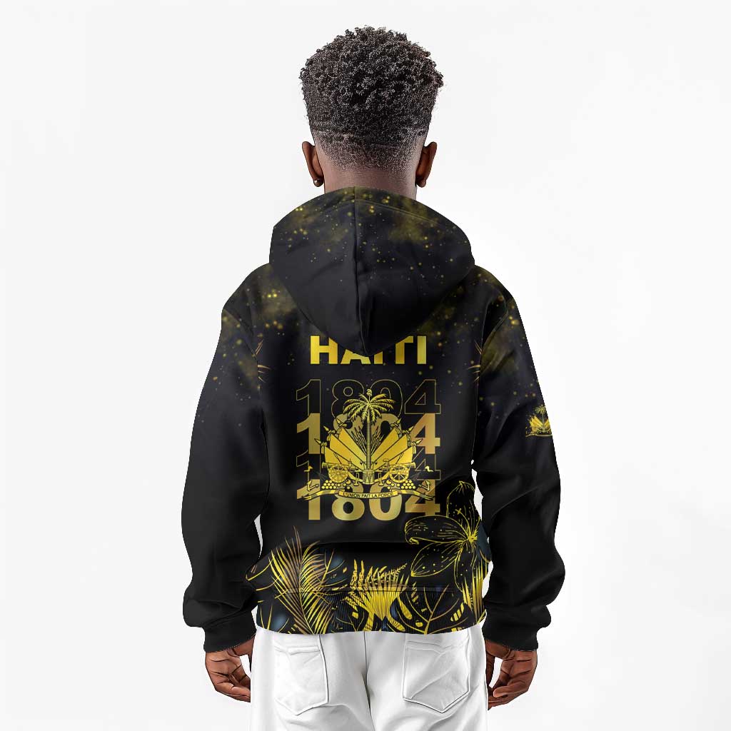 Haiti 1804 Kid Hoodie Gold Tropical Leaves And Coat Of Arms - African Pride
