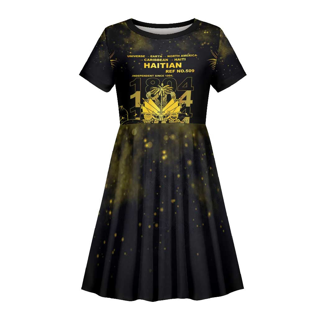 Haiti 1804 Kid Short Sleeve Dress Gold Tropical Leaves And Coat Of Arms - African Pride