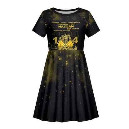 Haiti 1804 Kid Short Sleeve Dress Gold Tropical Leaves And Coat Of Arms - African Pride