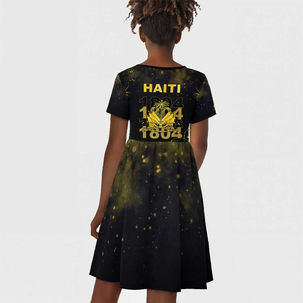 Haiti 1804 Kid Short Sleeve Dress Gold Tropical Leaves And Coat Of Arms - African Pride