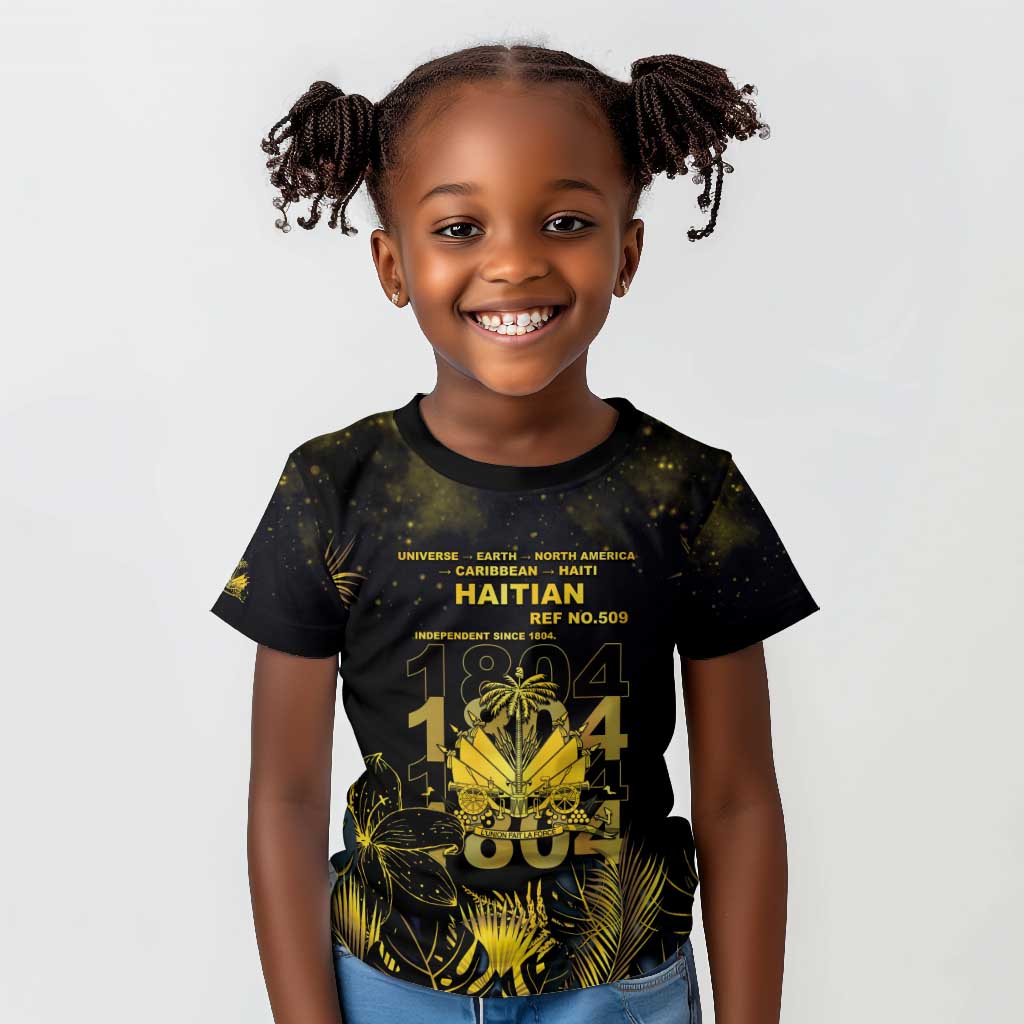 Haiti 1804 Kid T shirt Gold Tropical Leaves And Coat Of Arms - African Pride