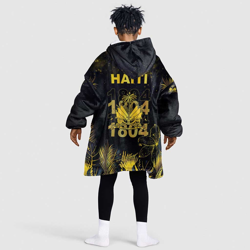 Haiti 1804 Kid Wearable Blanket Hoodie Gold Tropical Leaves And Coat Of Arms - African Pride