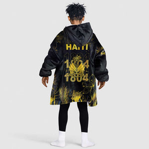 Haiti 1804 Kid Wearable Blanket Hoodie Gold Tropical Leaves And Coat Of Arms - African Pride