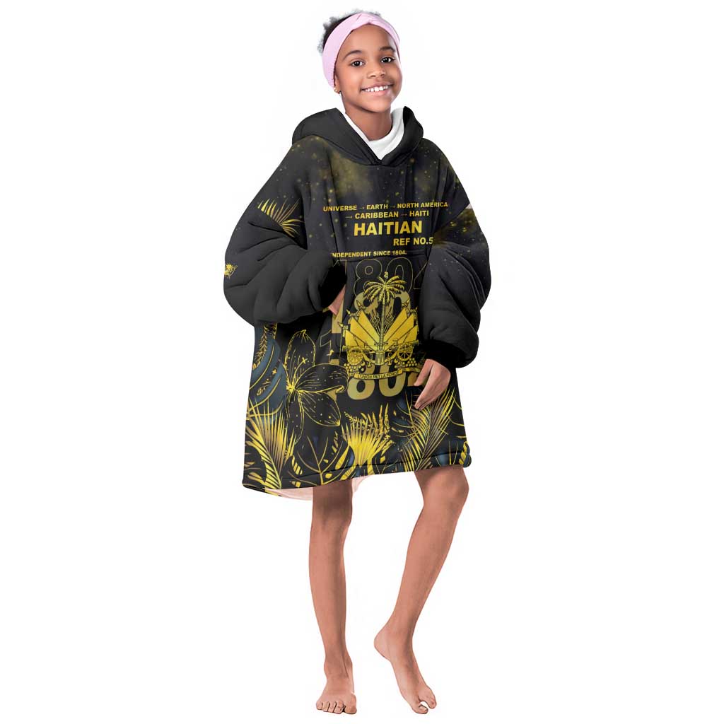 Haiti 1804 Kid Wearable Blanket Hoodie Gold Tropical Leaves And Coat Of Arms - African Pride
