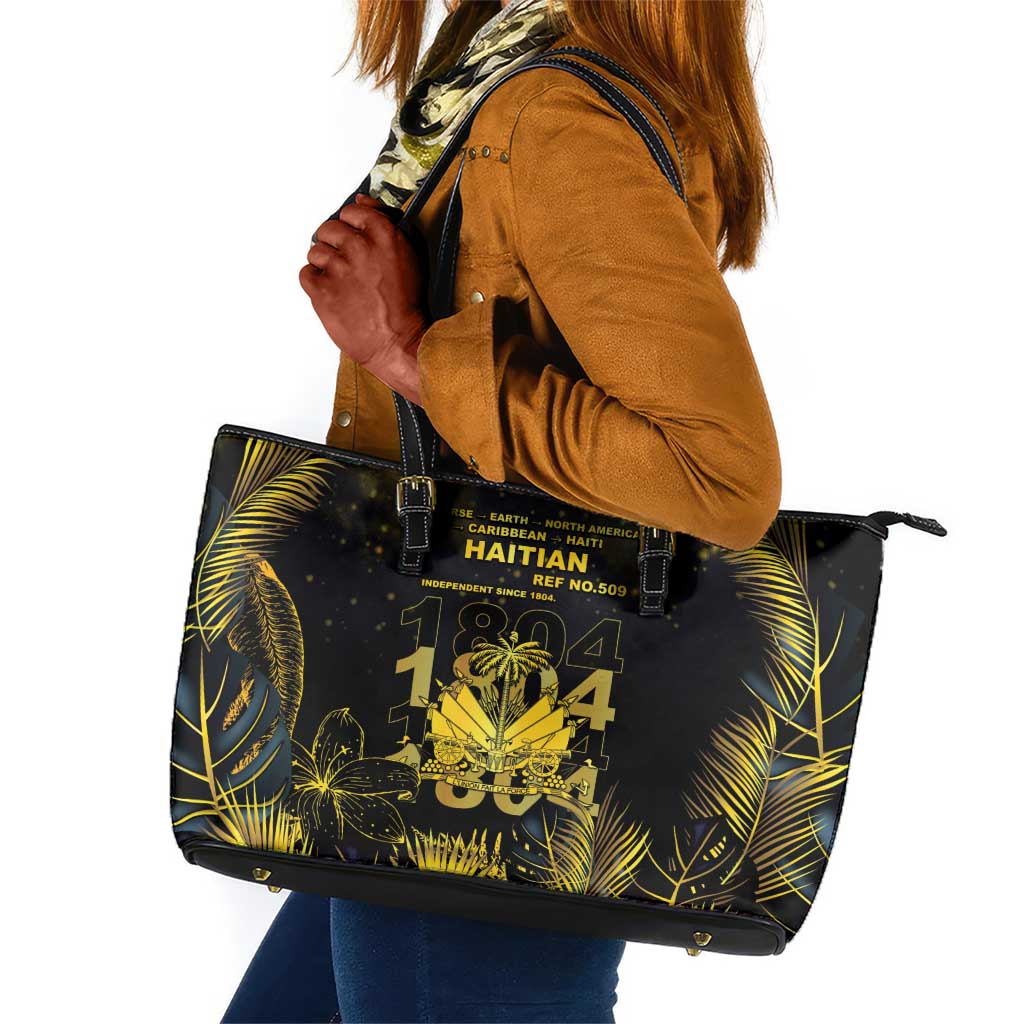 Haiti 1804 Leather Tote Bag Gold Tropical Leaves And Coat Of Arms - African Pride