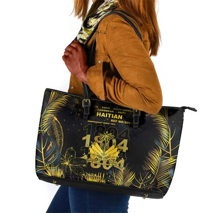 Haiti 1804 Leather Tote Bag Gold Tropical Leaves And Coat Of Arms - African Pride