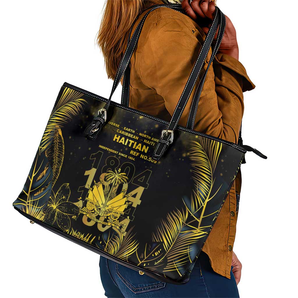 Haiti 1804 Leather Tote Bag Gold Tropical Leaves And Coat Of Arms - African Pride