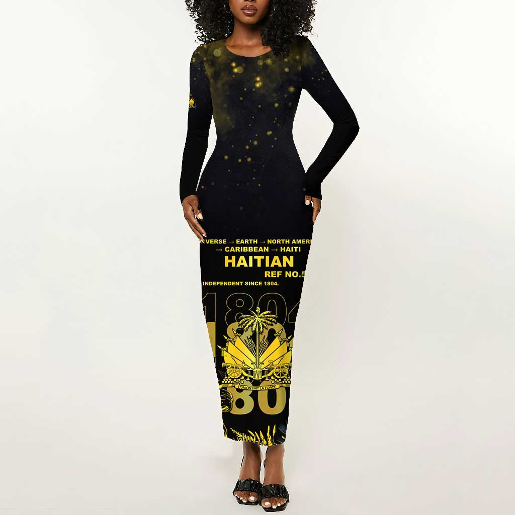 Haiti 1804 Long Sleeve Bodycon Dress Gold Tropical Leaves And Coat Of Arms - African Pride
