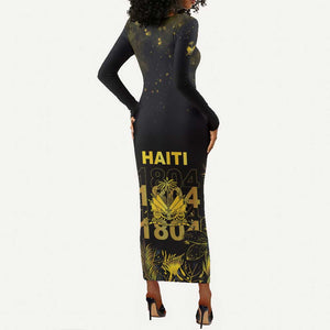 Haiti 1804 Long Sleeve Bodycon Dress Gold Tropical Leaves And Coat Of Arms - African Pride