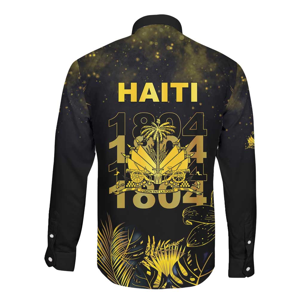 Haiti 1804 Long Sleeve Button Shirt Gold Tropical Leaves And Coat Of Arms - African Pride