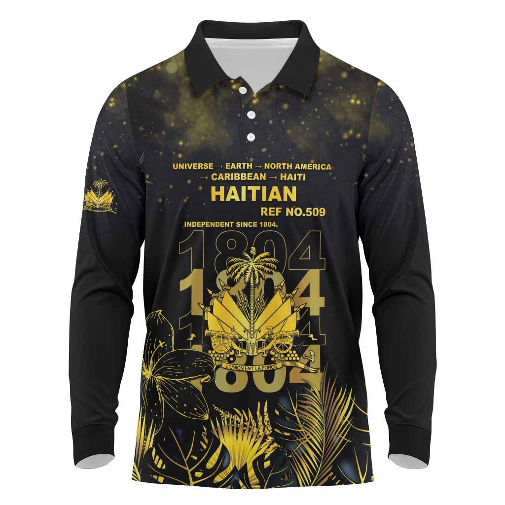 Haiti 1804 Long Sleeve Polo Shirt Gold Tropical Leaves And Coat Of Arms - African Pride