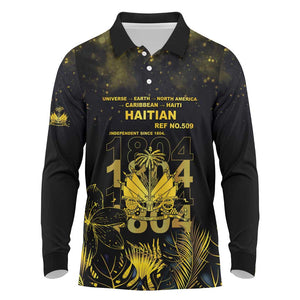 Haiti 1804 Long Sleeve Polo Shirt Gold Tropical Leaves And Coat Of Arms - African Pride