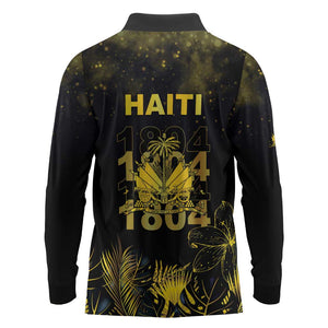 Haiti 1804 Long Sleeve Polo Shirt Gold Tropical Leaves And Coat Of Arms - African Pride