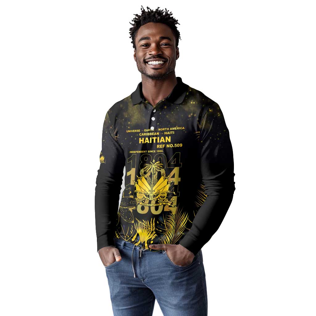 Haiti 1804 Long Sleeve Polo Shirt Gold Tropical Leaves And Coat Of Arms - African Pride