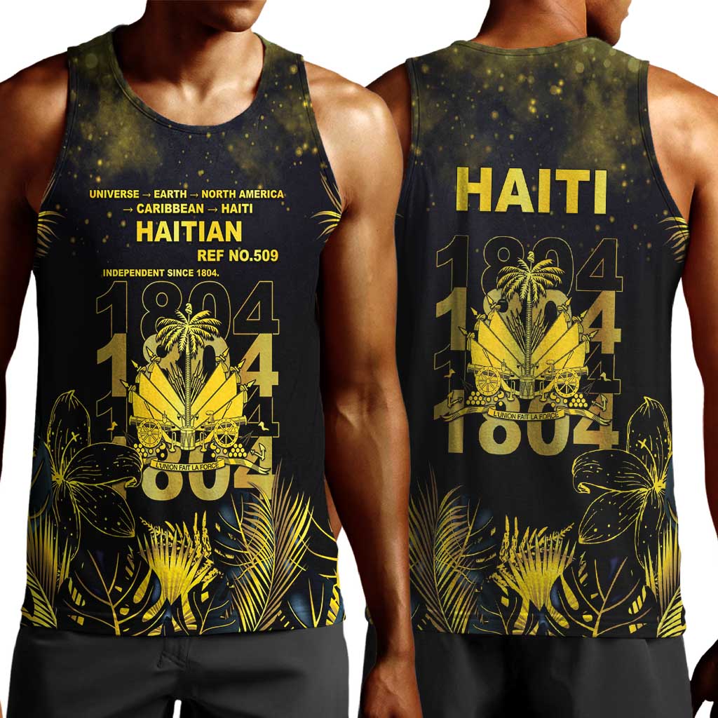 Haiti 1804 Men Tank Top Gold Tropical Leaves And Coat Of Arms - African Pride