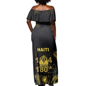 Haiti 1804 Off Shoulder Maxi Dress Gold Tropical Leaves And Coat Of Arms - African Pride