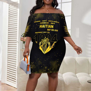 Haiti 1804 Off Shoulder Short Dress Gold Tropical Leaves And Coat Of Arms - African Pride