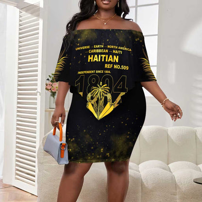 Haiti 1804 Off Shoulder Short Dress Gold Tropical Leaves And Coat Of Arms - African Pride