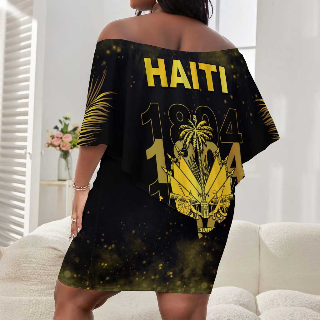 Haiti 1804 Off Shoulder Short Dress Gold Tropical Leaves And Coat Of Arms - African Pride