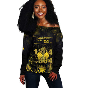 Haiti 1804 Off Shoulder Sweater Gold Tropical Leaves And Coat Of Arms - African Pride