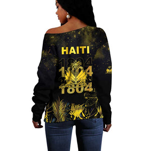 Haiti 1804 Off Shoulder Sweater Gold Tropical Leaves And Coat Of Arms - African Pride