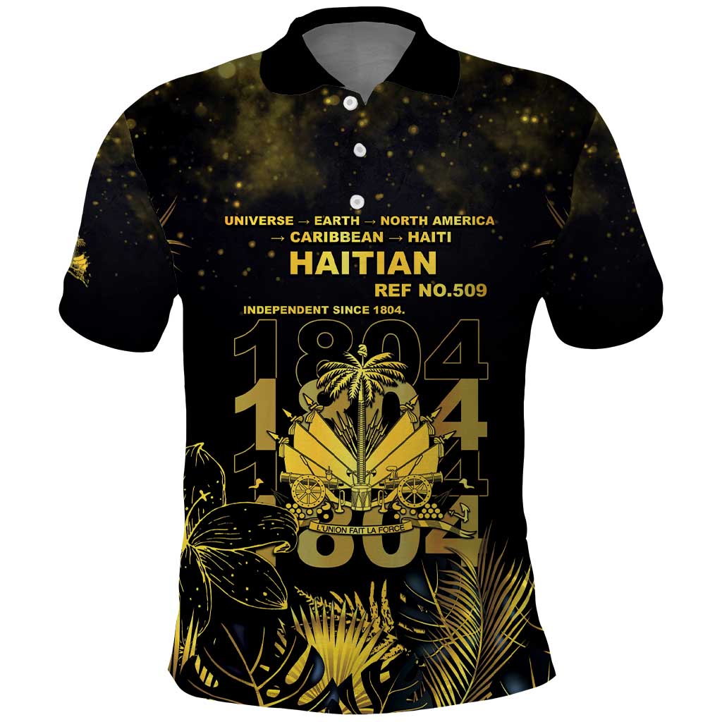 Haiti 1804 Polo Shirt Gold Tropical Leaves And Coat Of Arms - African Pride