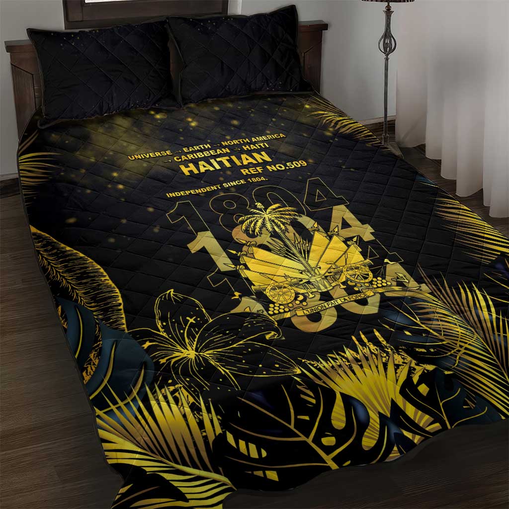 Haiti 1804 Quilt Bed Set Gold Tropical Leaves And Coat Of Arms - African Pride