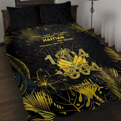 Haiti 1804 Quilt Bed Set Gold Tropical Leaves And Coat Of Arms - African Pride