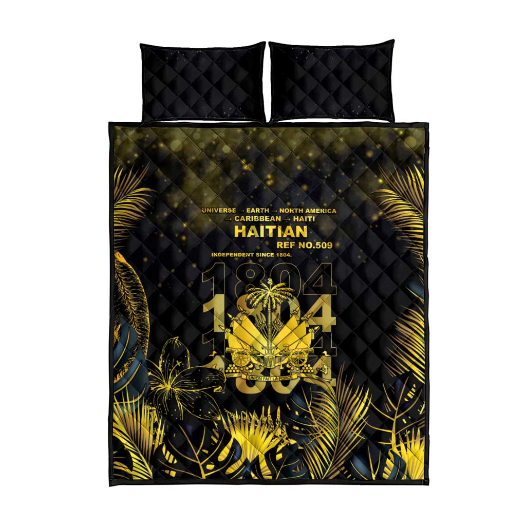Haiti 1804 Quilt Bed Set Gold Tropical Leaves And Coat Of Arms - African Pride