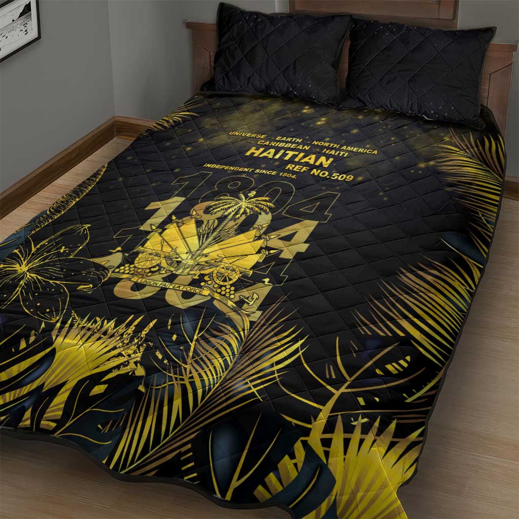 Haiti 1804 Quilt Bed Set Gold Tropical Leaves And Coat Of Arms - African Pride