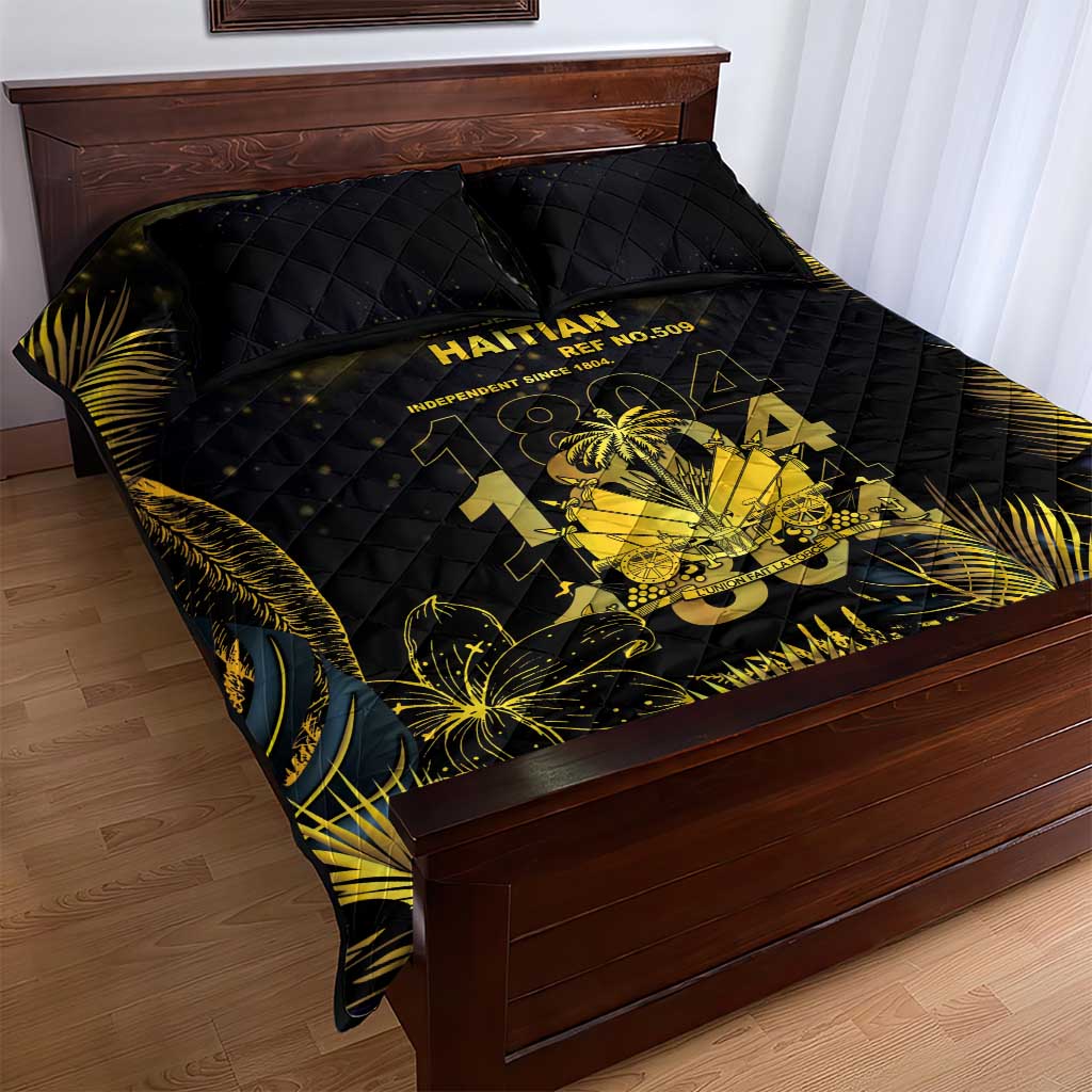 Haiti 1804 Quilt Bed Set Gold Tropical Leaves And Coat Of Arms - African Pride