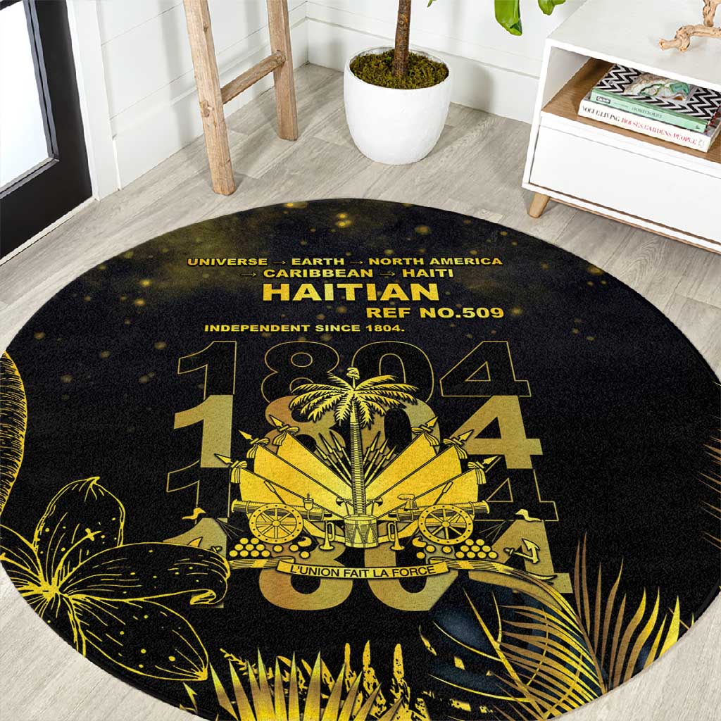Haiti 1804 Round Carpet Gold Tropical Leaves And Coat Of Arms - African Pride