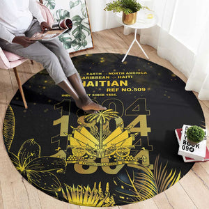 Haiti 1804 Round Carpet Gold Tropical Leaves And Coat Of Arms - African Pride