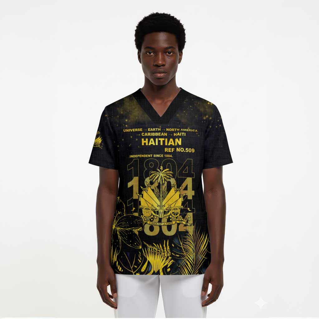 Haiti 1804 Scrub Top Gold Tropical Leaves And Coat Of Arms - African Pride