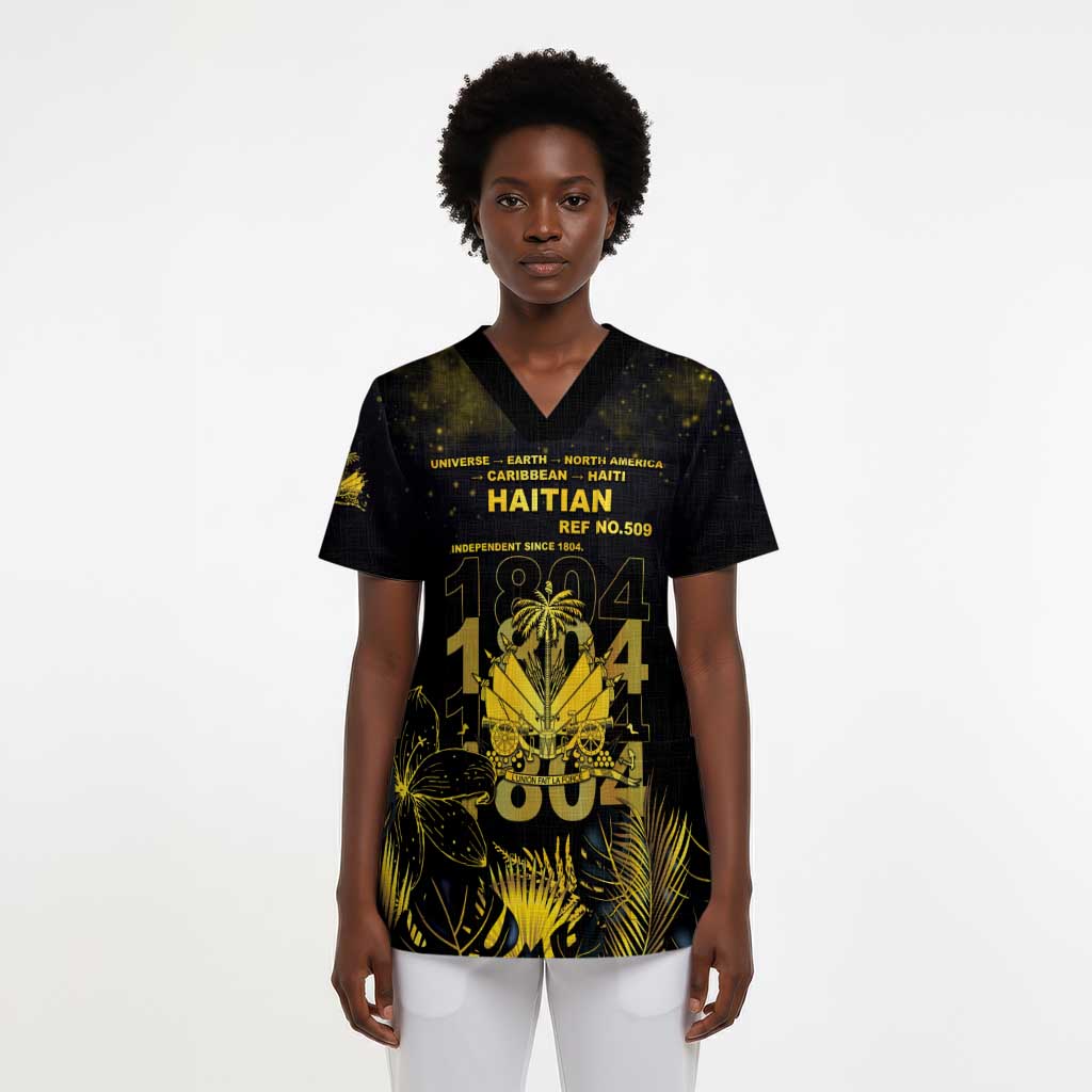 Haiti 1804 Scrub Top Gold Tropical Leaves And Coat Of Arms - African Pride