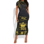 Haiti 1804 Short Sleeve Bodycon Dress Gold Tropical Leaves And Coat Of Arms - African Pride