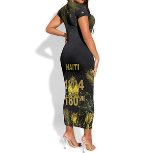 Haiti 1804 Short Sleeve Bodycon Dress Gold Tropical Leaves And Coat Of Arms - African Pride