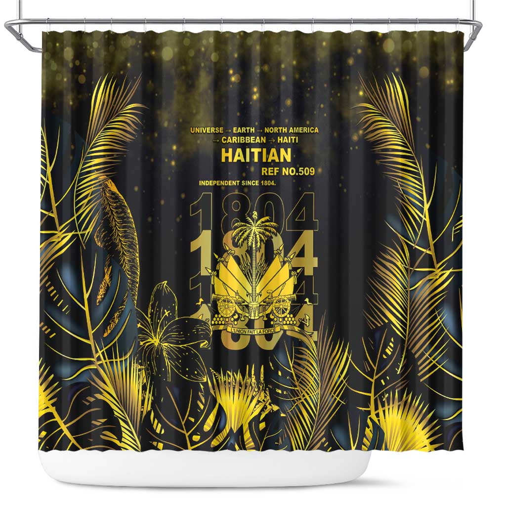 Haiti 1804 Shower Curtain Gold Tropical Leaves And Coat Of Arms - African Pride