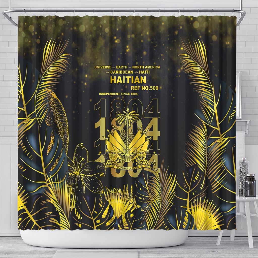 Haiti 1804 Shower Curtain Gold Tropical Leaves And Coat Of Arms - African Pride