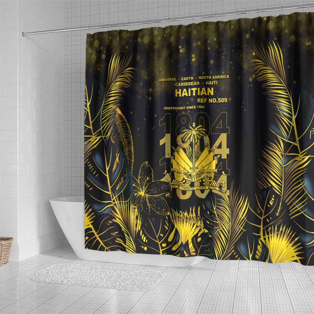 Haiti 1804 Shower Curtain Gold Tropical Leaves And Coat Of Arms - African Pride