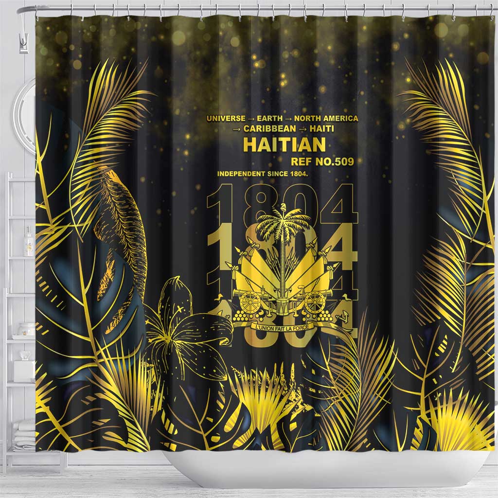 Haiti 1804 Shower Curtain Gold Tropical Leaves And Coat Of Arms - African Pride