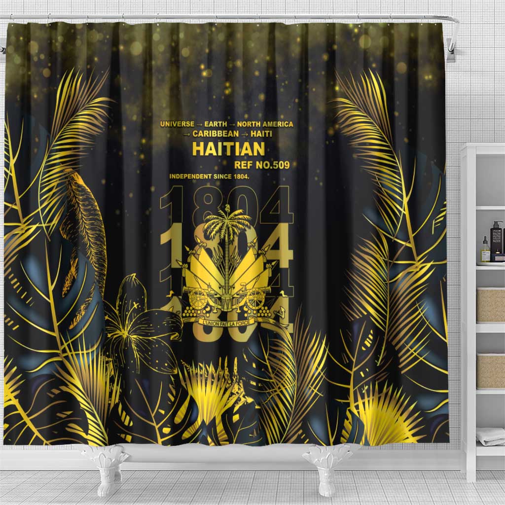 Haiti 1804 Shower Curtain Gold Tropical Leaves And Coat Of Arms - African Pride