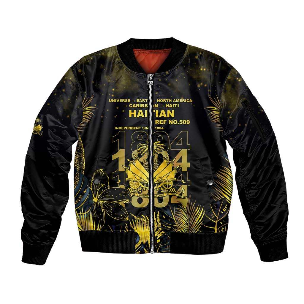Haiti 1804 Sleeve Zip Bomber Jacket Gold Tropical Leaves And Coat Of Arms - African Pride