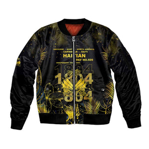 Haiti 1804 Sleeve Zip Bomber Jacket Gold Tropical Leaves And Coat Of Arms - African Pride