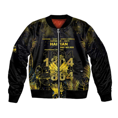 Haiti 1804 Sleeve Zip Bomber Jacket Gold Tropical Leaves And Coat Of Arms - African Pride