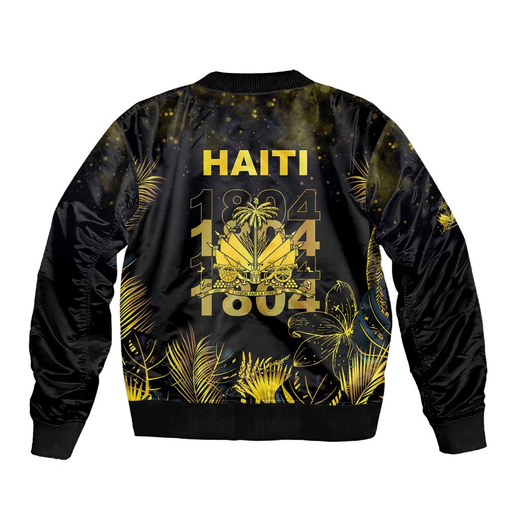 Haiti 1804 Sleeve Zip Bomber Jacket Gold Tropical Leaves And Coat Of Arms - African Pride