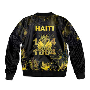 Haiti 1804 Sleeve Zip Bomber Jacket Gold Tropical Leaves And Coat Of Arms - African Pride